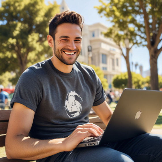 A man sitting at a sunny outdoor park in San Francisco, smiling at his laptop after a game win.