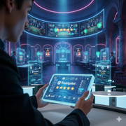 A player holding a gadget with a Trustpilot platform on the screen. The background shows the image of a casino in a digital terrain. 
