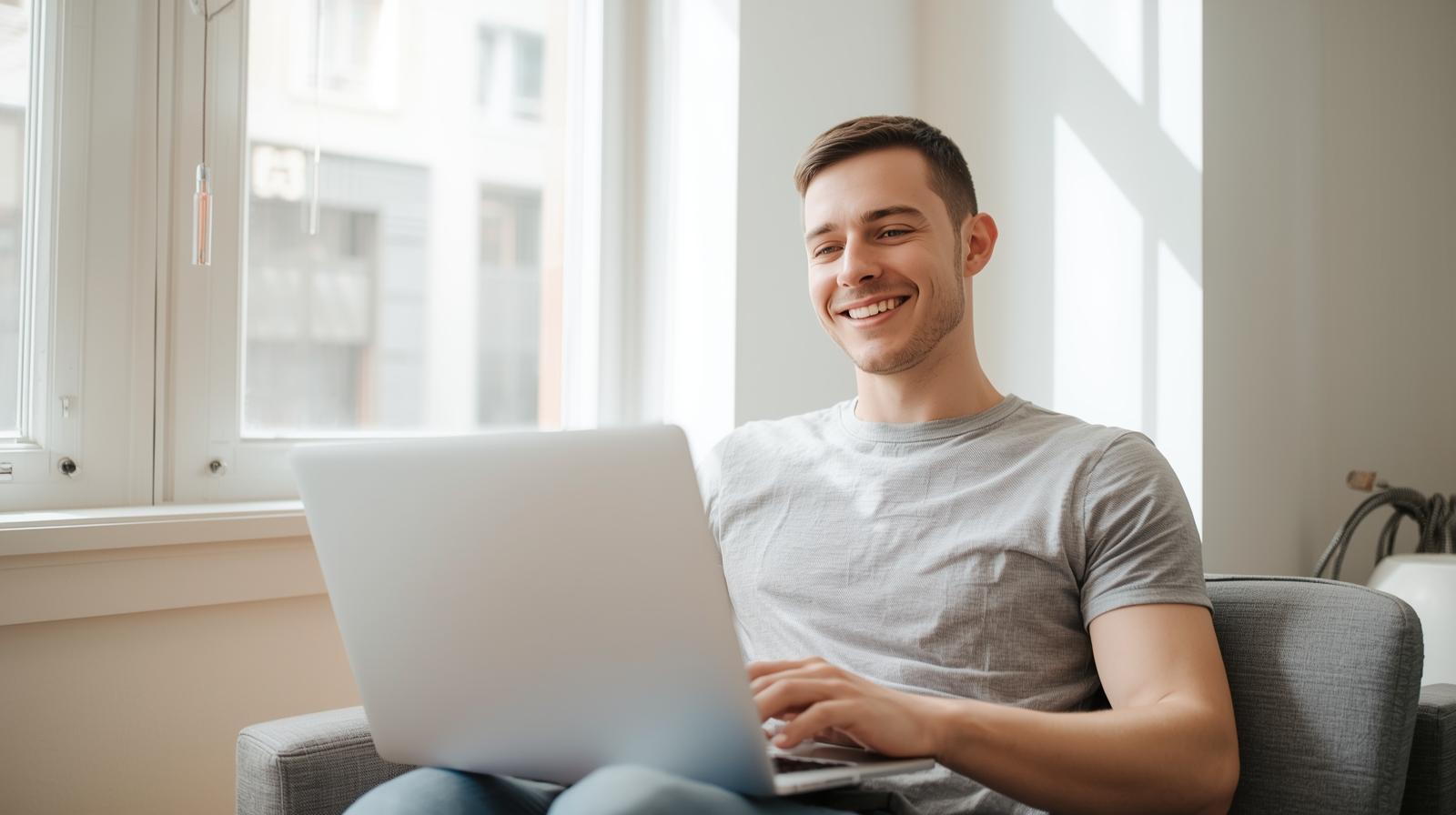 Young man happily playing blurred online casino game on laptop in daylight.
