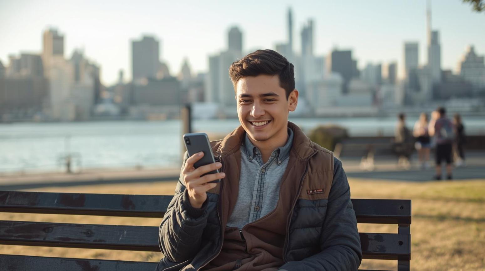 A relaxed San Francisco resident enjoying mobile gaming near the waterfront on a sunny afternoon.