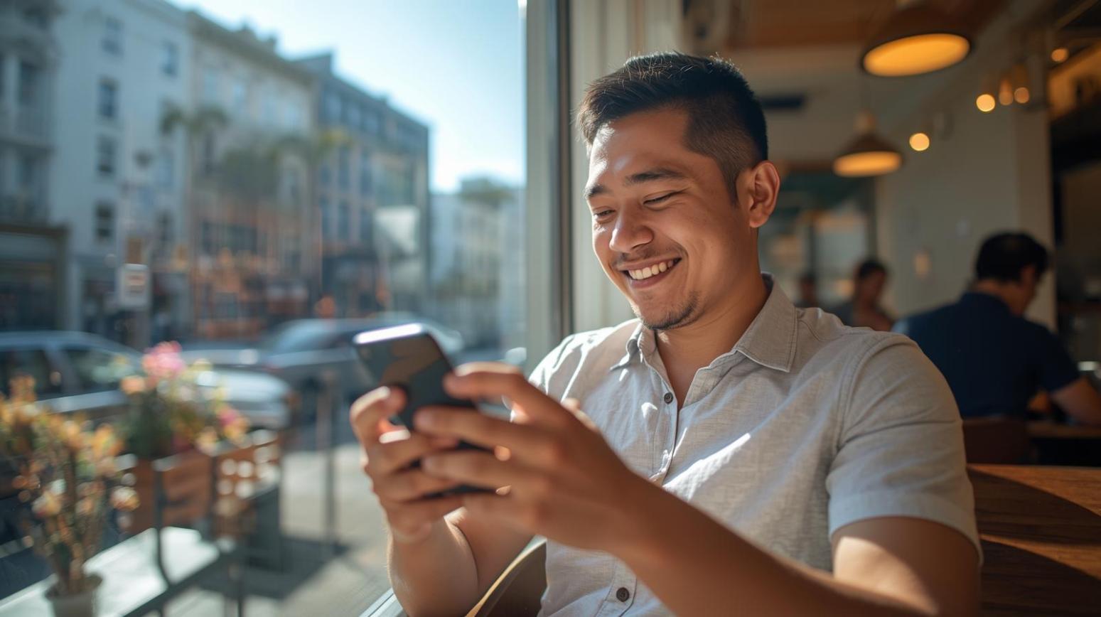 Relaxed person browsing blurred casino screen in sunny San Francisco café setting.