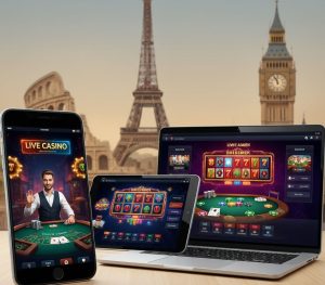 A high-quality digital illustration of a diverse group of online casino games (live dealer table, slot machine screens, card games) displayed on multiple devices such as a smartphone, tablet, and laptop, with subtle European landmark icons in the background (e.g., Eiffel Tower, Colosseum) to evoke the international casino theme