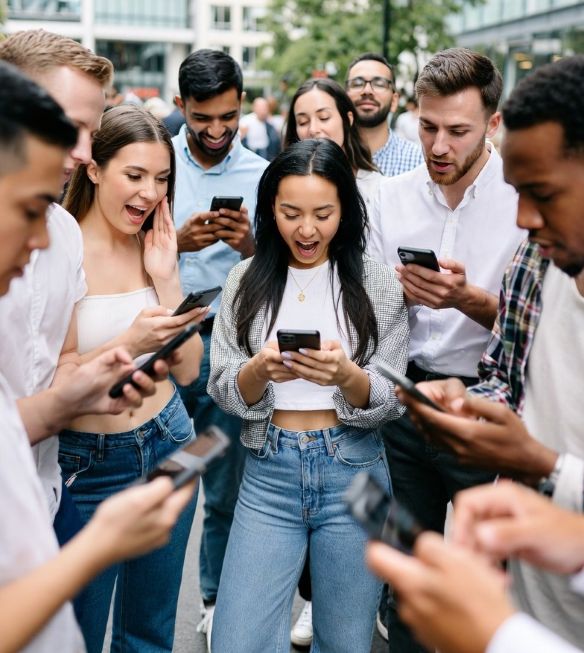 people using smartphones to check lottery results in a modern urban setting
