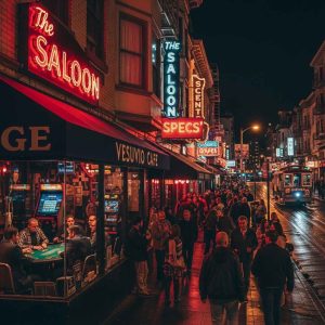 A lively San Francisco North Beach street at night with glowing bar signs, people socializing, subtle gaming elements like poker tables inside venues