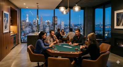 A stylish indoor card room scene with players engaged in poker, modern San Francisco interior design