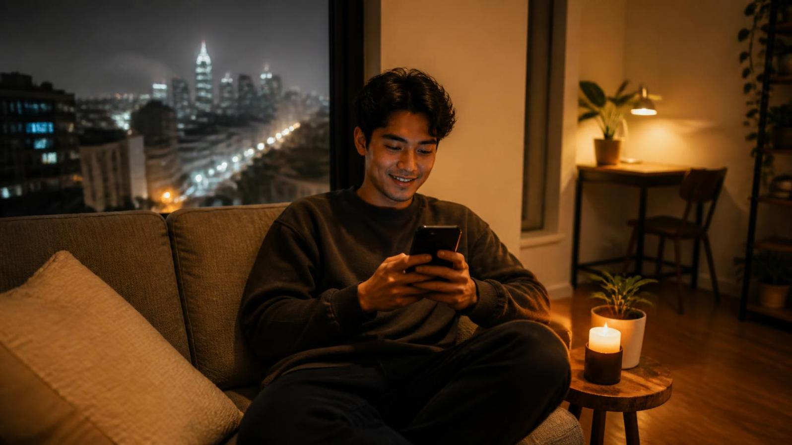 Woman smiling on couch enjoys phone in cozy foggy San Francisco apartment.
